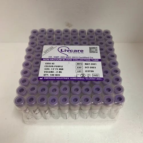 Plastic 2ml K2 EDTA Tube Double Cap, Pack of 100, For Laboratory