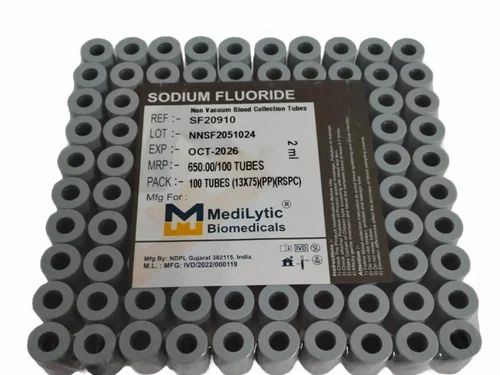 MediLytic Sodium Fluoride Non-Vacuum Blood Collection Tubes, For Clinical, Size: 2 ml