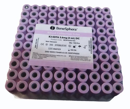 Plastic Benesphera K3 Edta Non Vacuum Blood Collection Tube, For Hospital, Size: 2 ml