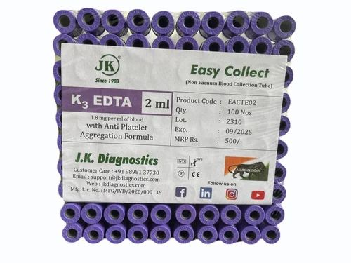 Plastic K3 EDTA Single Cap Non Vacuum Blood Collection Tube, For Laboratory, 2 ml