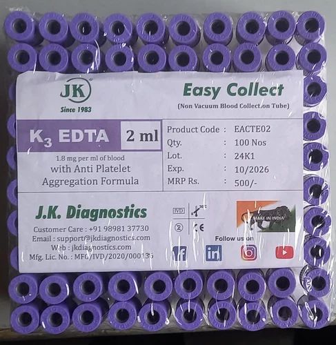 K3 Edta Non Vacuum Blood Collection Tube, For Hospital, Size: 2 ml