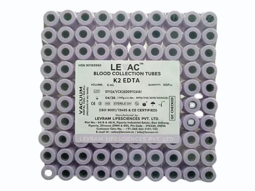 Plastic K2 EDTA Blood Collection Tube 6 ml, For Hospital, Pack of 100