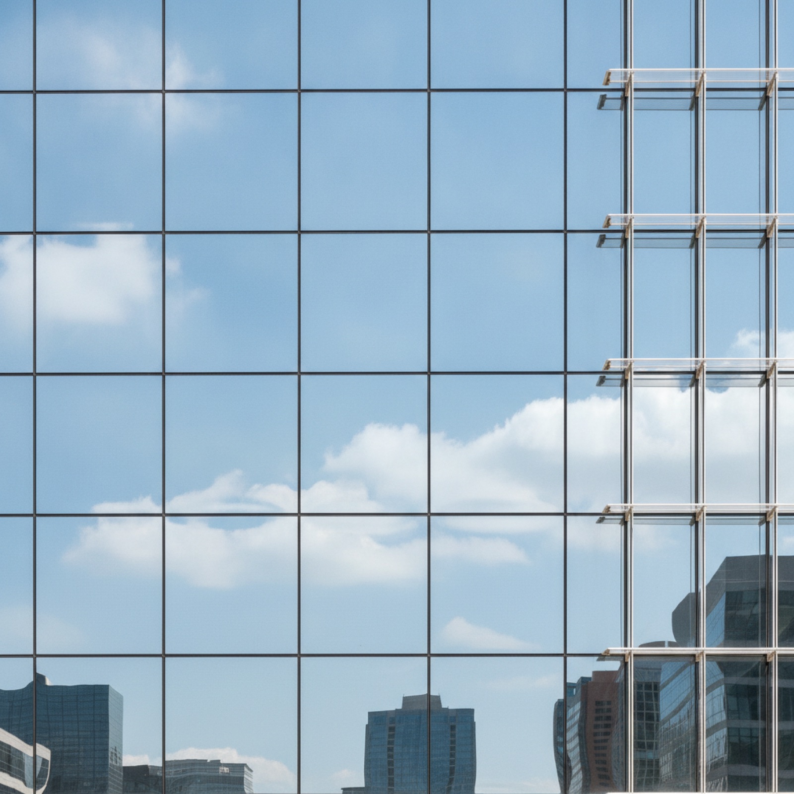 Frameless structural silicone glass facade with thin silicone joints next to a captured aluminum-capped glazing section