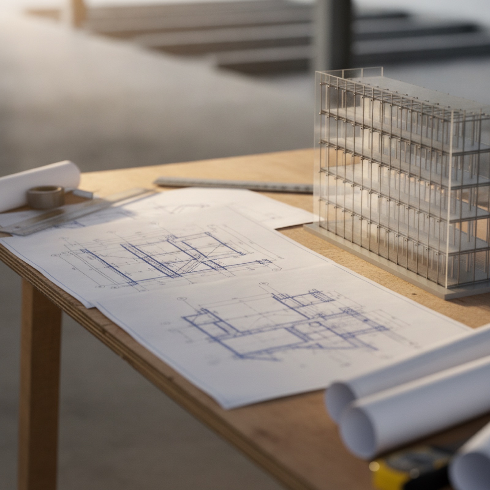 Glazing shop drawings and a glass curtain wall facade model laid out for a commercial bid review