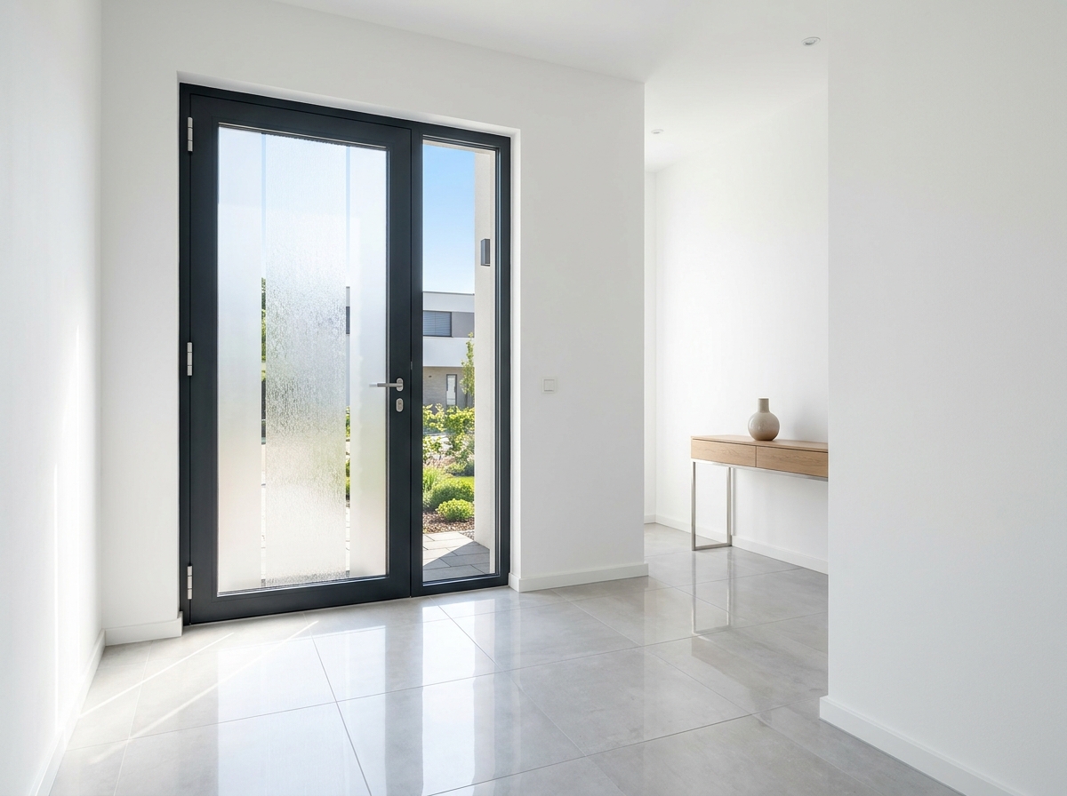 Residential entry door installation with decorative frosted glass in California and Arizona homes.
