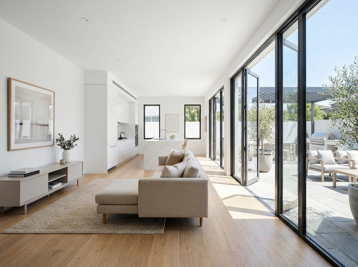 Modern glass door installation for kitchen and living room remodels in California and Arizona residential properties.