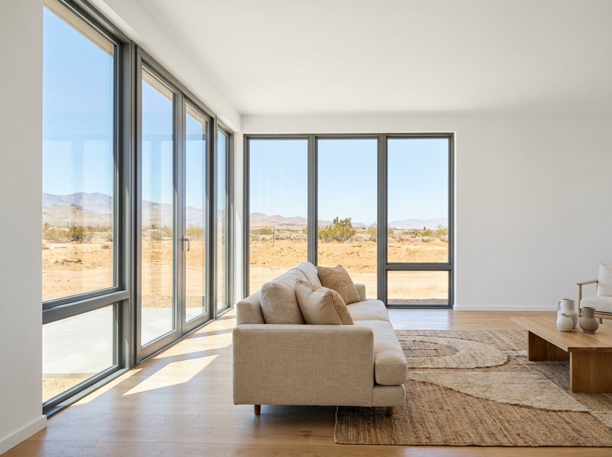 Modern living room with new energy-efficient glass upgrades in California or Arizona, reducing high energy bills.