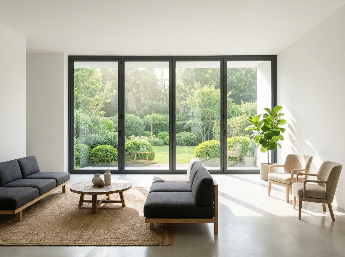 Modern California/Arizona home with new energy efficient glass upgrades, featuring pristine, slim-frame windows for sustainable living.