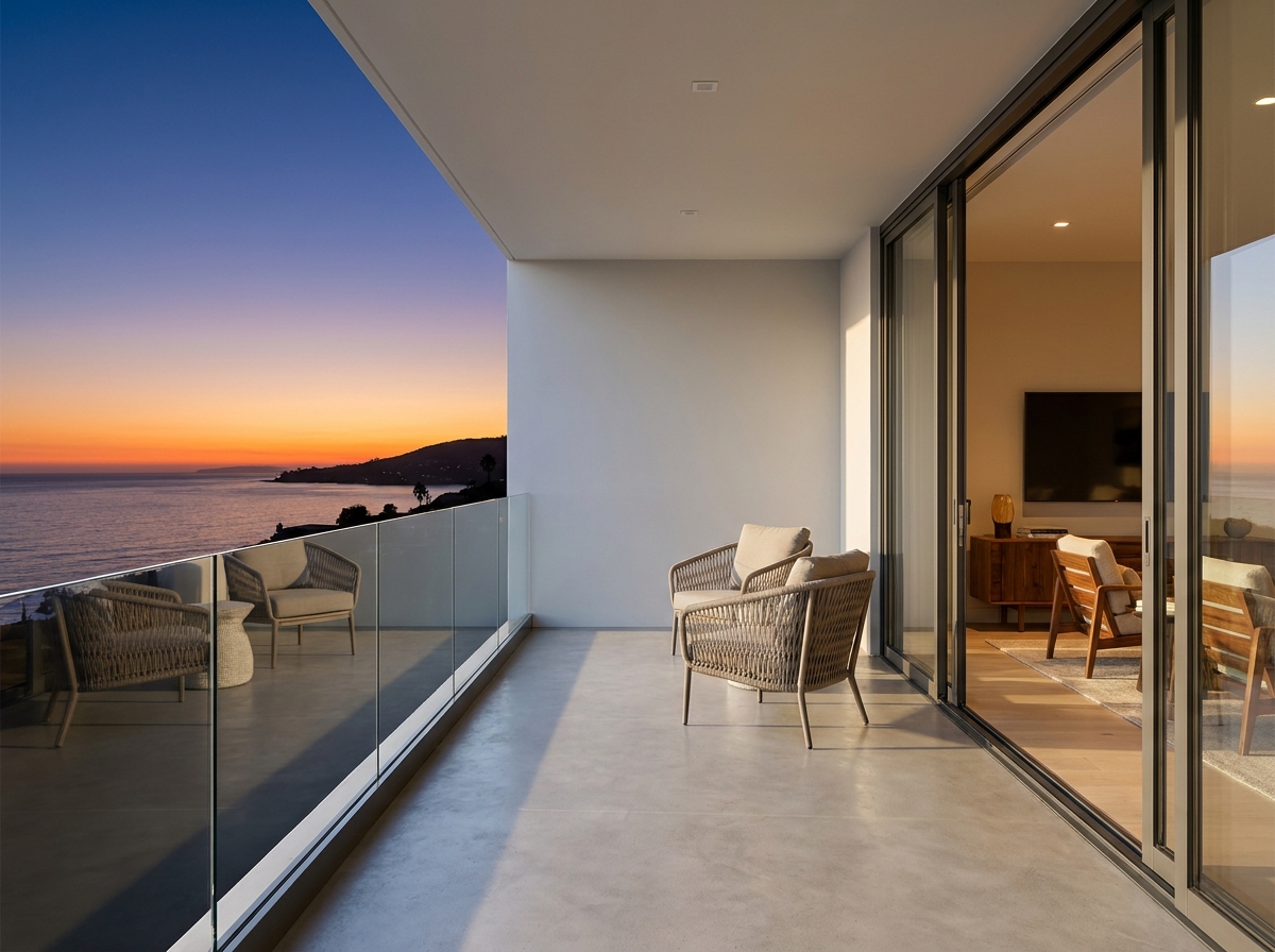 Modern residential glass railings enhance scenic deck and balcony views in California and Arizona.