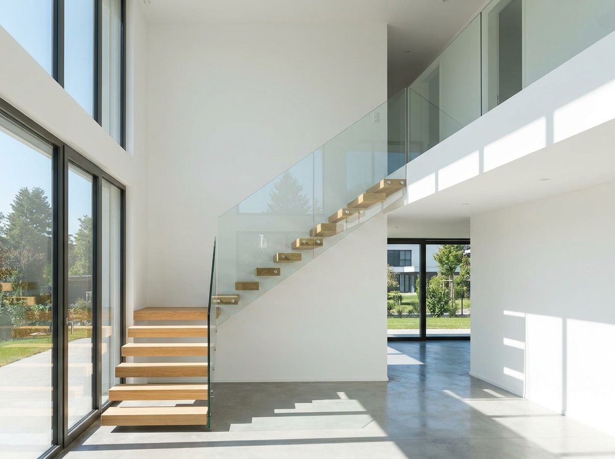 Modern interior glass railings for residential staircases and lofts in California and Arizona homes.