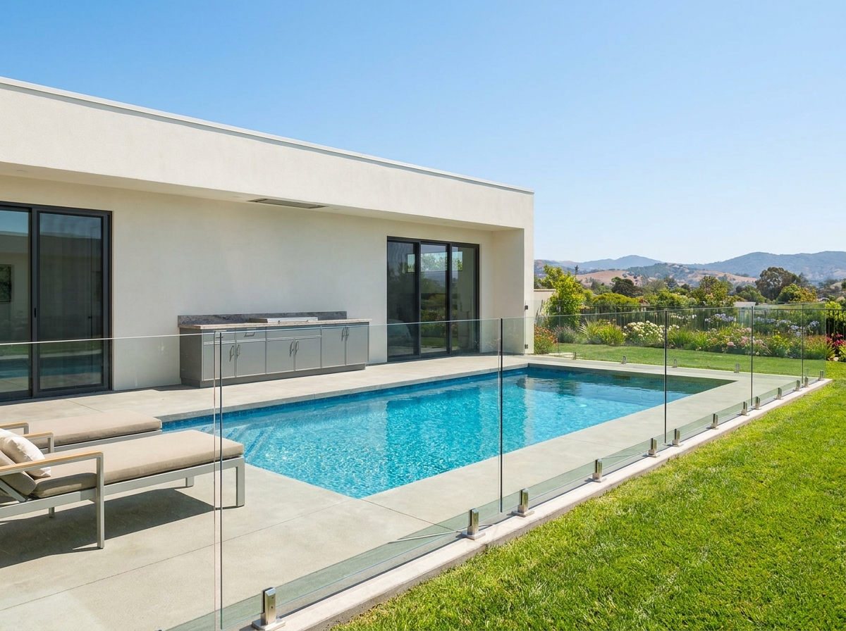 Modern residential frameless glass railings for pool safety and unobstructed views in California and Arizona homes.