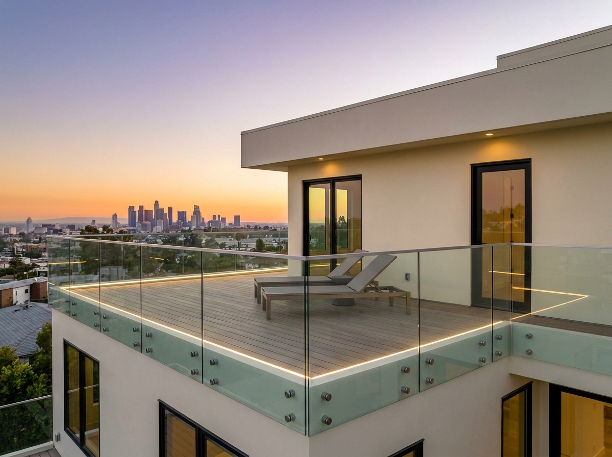 Modern residential rooftop glass railings for stunning facades in California & Arizona homes, enhancing views.