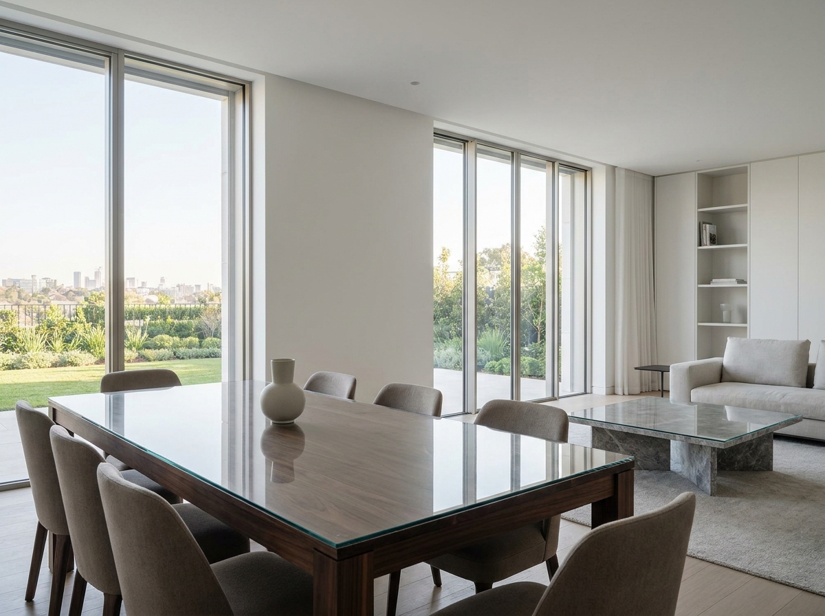 Custom glass tabletops protecting wood and stone dining and coffee tables in California and Arizona homes.