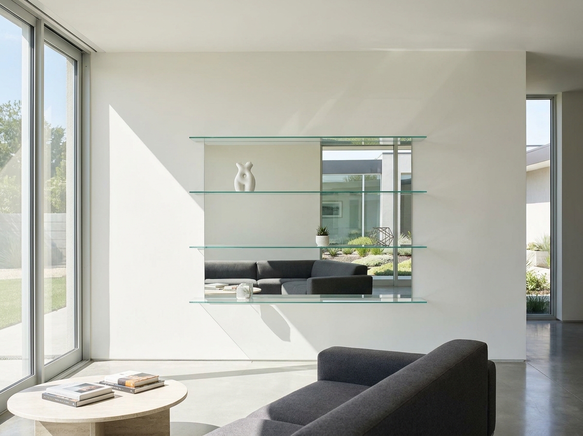 Elegant floating glass shelves for living rooms and bathrooms, expertly installed by California & Arizona glass contractors.