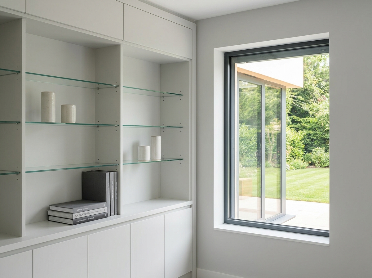 Elegant custom glass shelves for built-in cabinets and tabletops in modern California and Arizona homes.