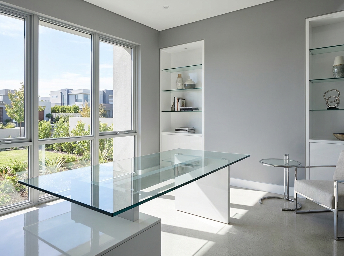 Custom glass tabletops and shelves for stunning home offices and conference rooms in California and Arizona.