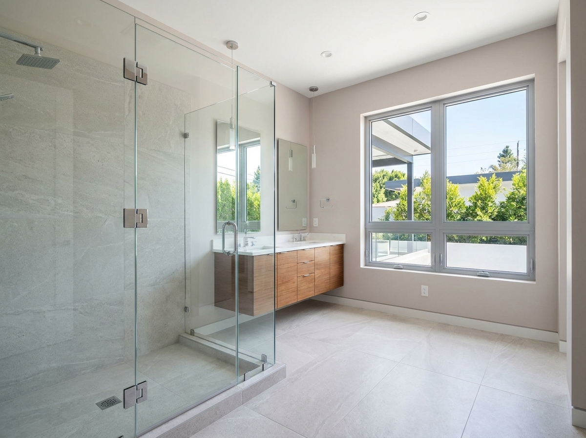 Modern frameless glass shower enclosure in a renovated California/Arizona bathroom, perfect for replacing outdated shower curtains.