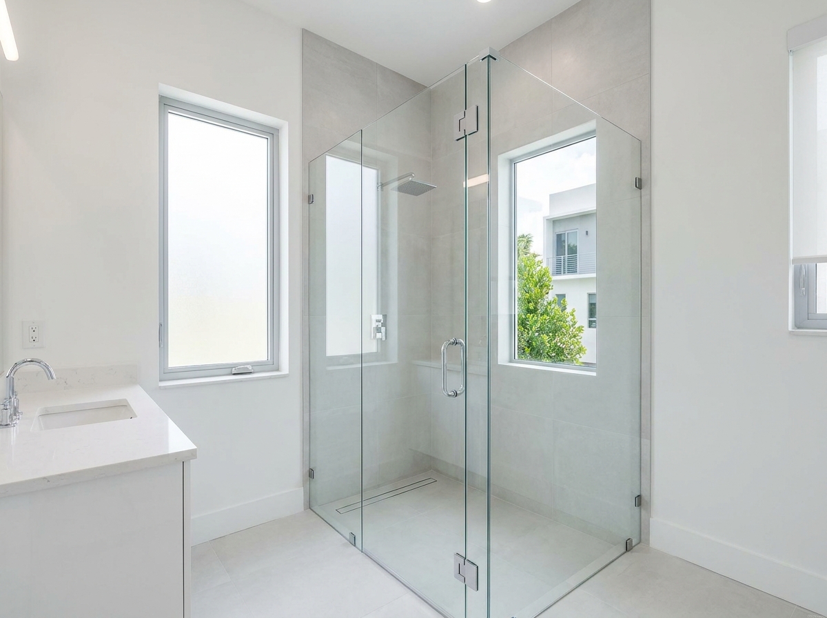 Modern frameless glass shower enclosures for walk-in conversions in California and Arizona homes.