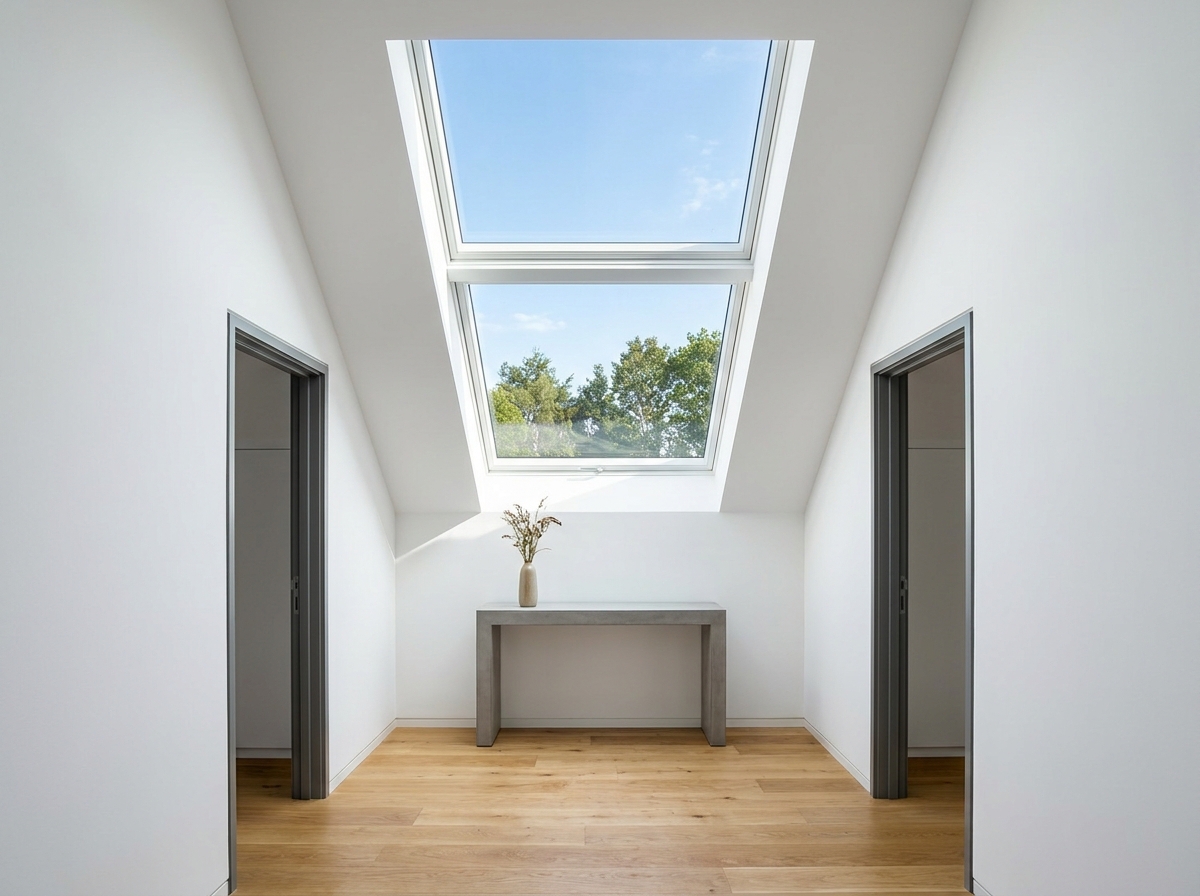 Modern skylights brightening a dark interior hallway in a California home, expert glazing services across AZ & CA.