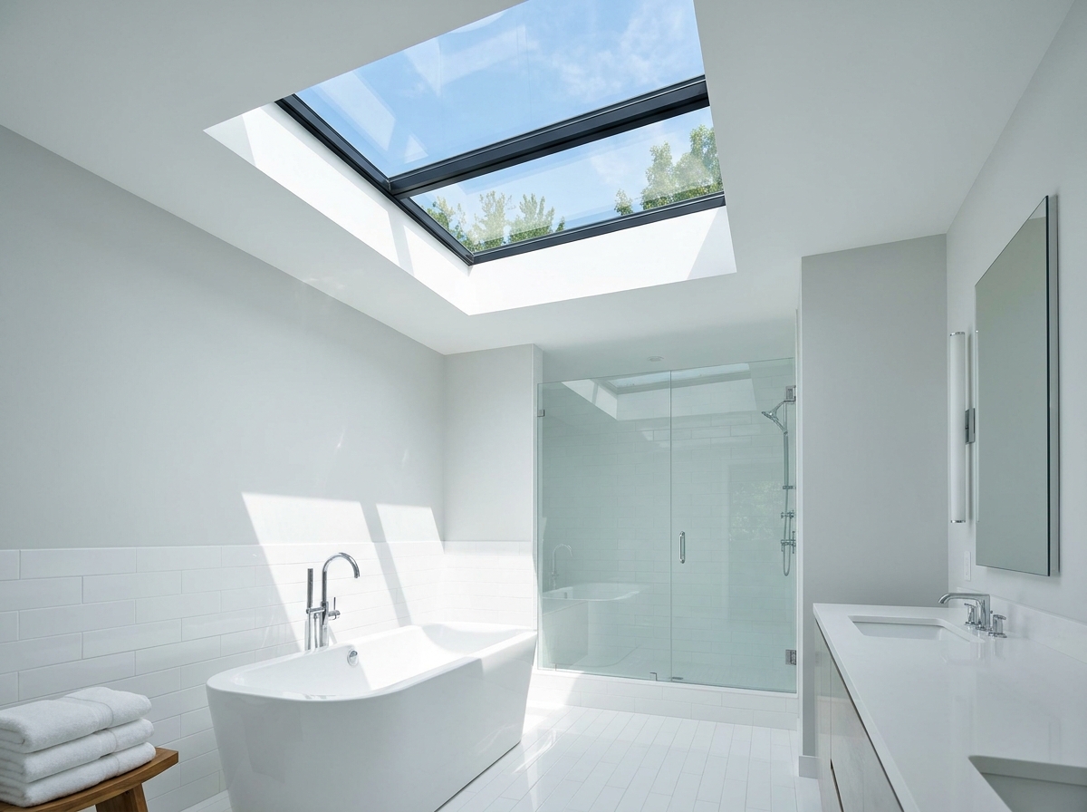 Residential skylights brighten modern bathrooms in California and Arizona homes, enhancing natural light and ambiance.