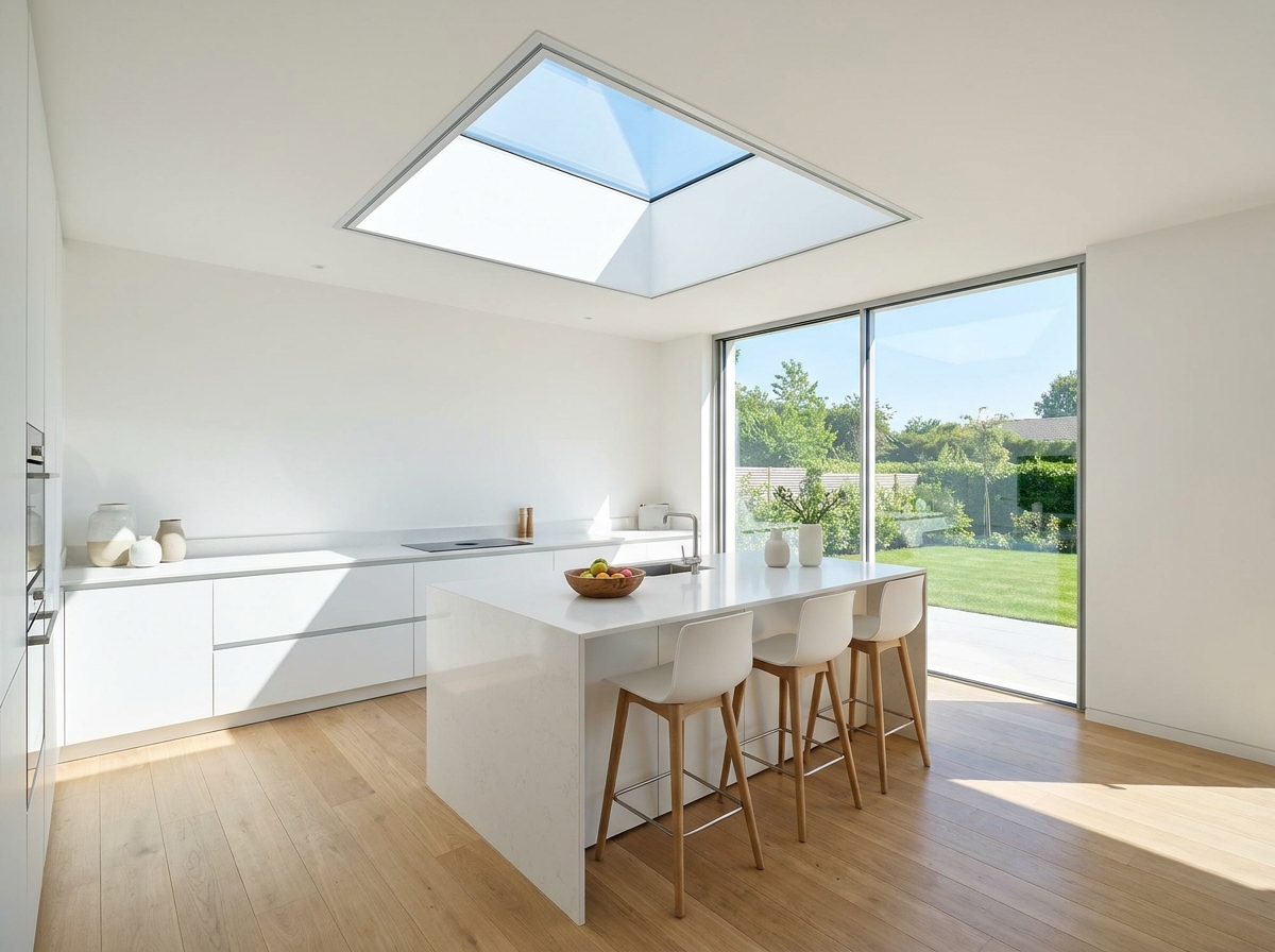 Modern kitchen with a large skylight, enhancing natural light and saving energy for California and Arizona homeowners.