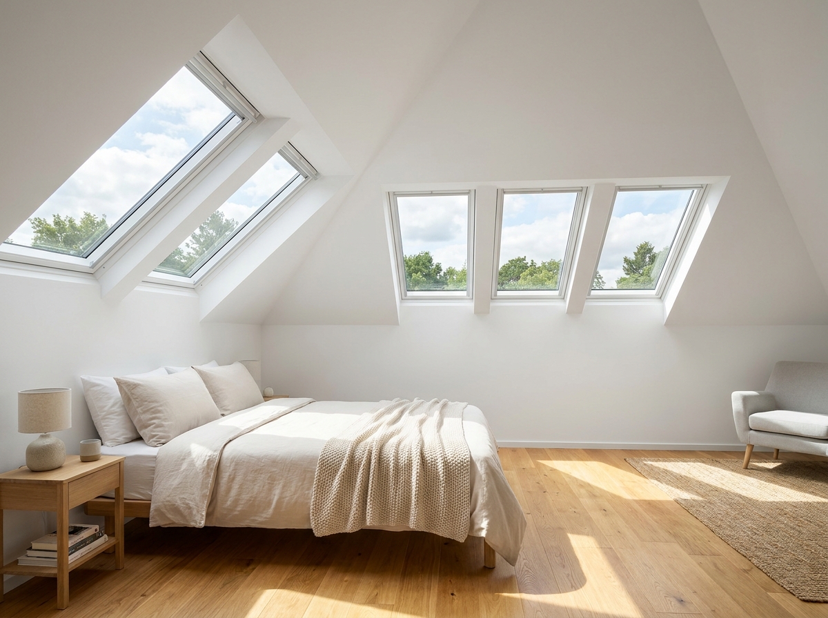 Modern skylights illuminating a beautiful loft conversion attic bedroom in California and Arizona homes.