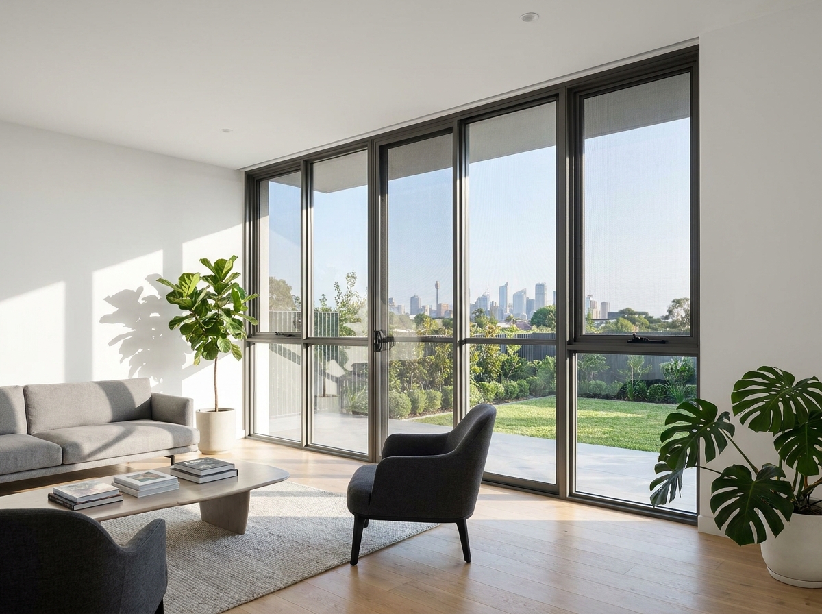 Residential windows with solar screen mesh reducing heat and glare in California/Arizona. Premium window & door screens.