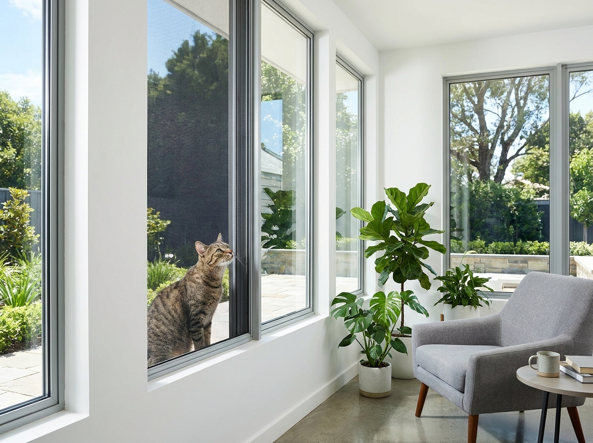 Durable pet-resistant window & door screens for CA and AZ homes. Perfect for pet owners seeking tough screen materials.
