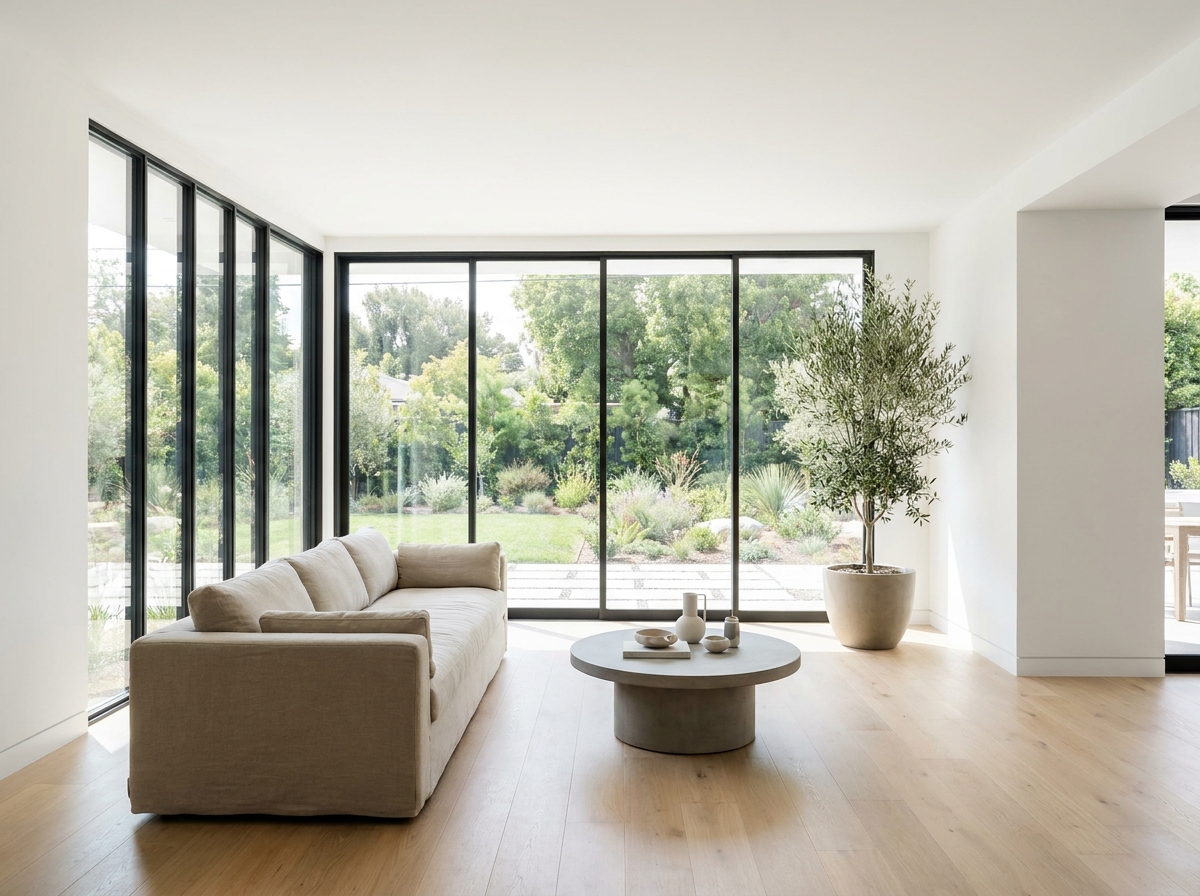 Modern living room with new slim-frame windows, enhancing natural light for California and Arizona window installation remodels.