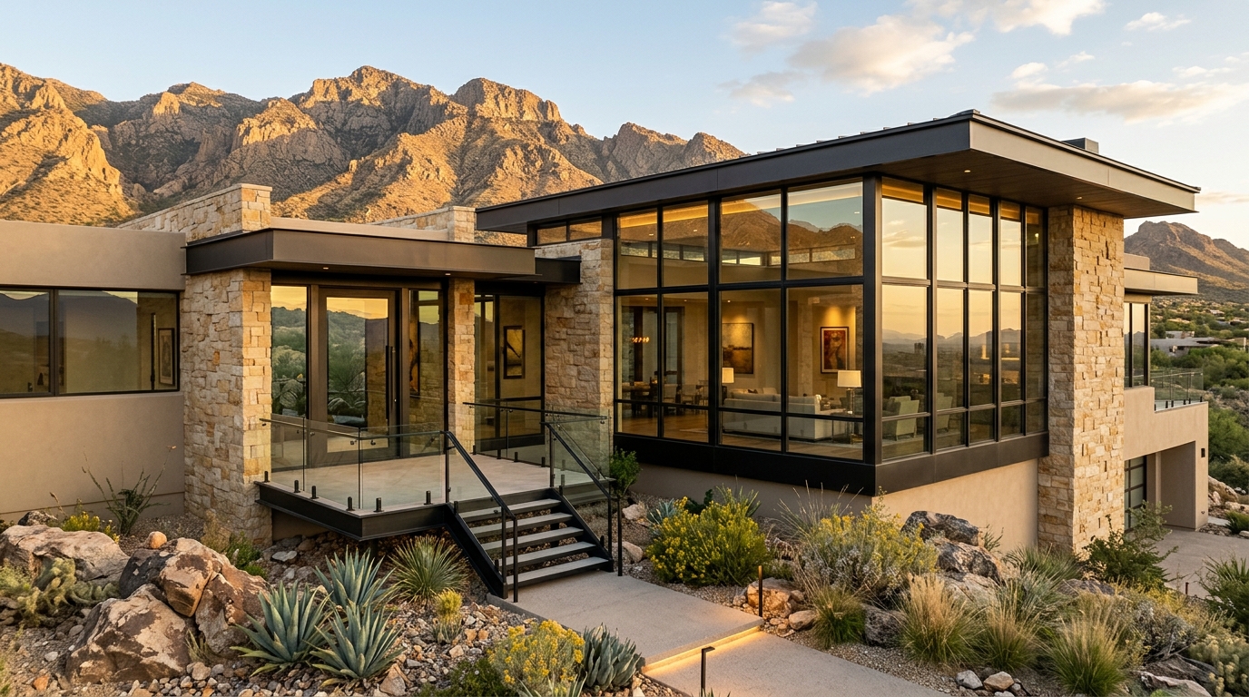 Arizona desert home with floor-to-ceiling glass walls and a frameless glass entry railing