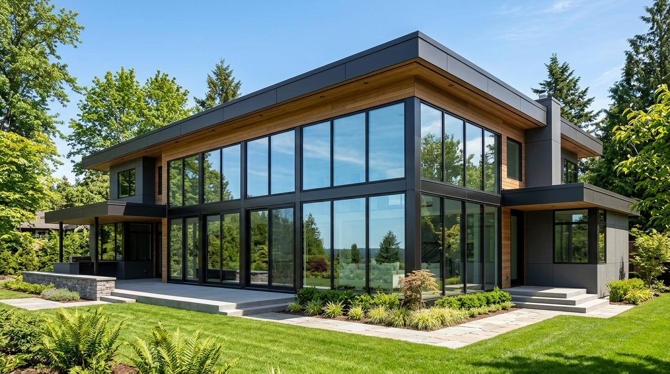 Modern home with a floor-to-ceiling glass curtain-wall facade in slim black aluminum