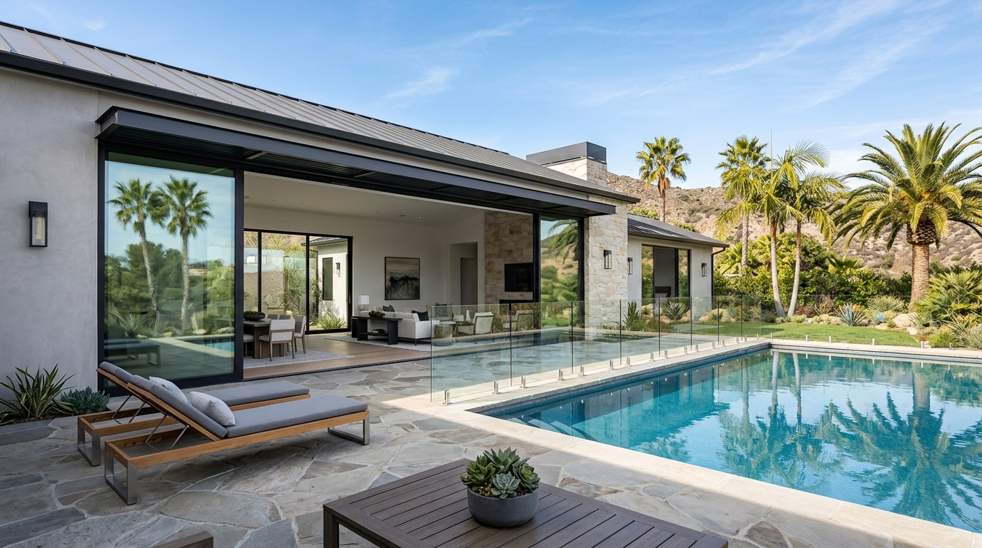 Backyard pool home with a frameless glass pool fence and wide sliding glass doors
