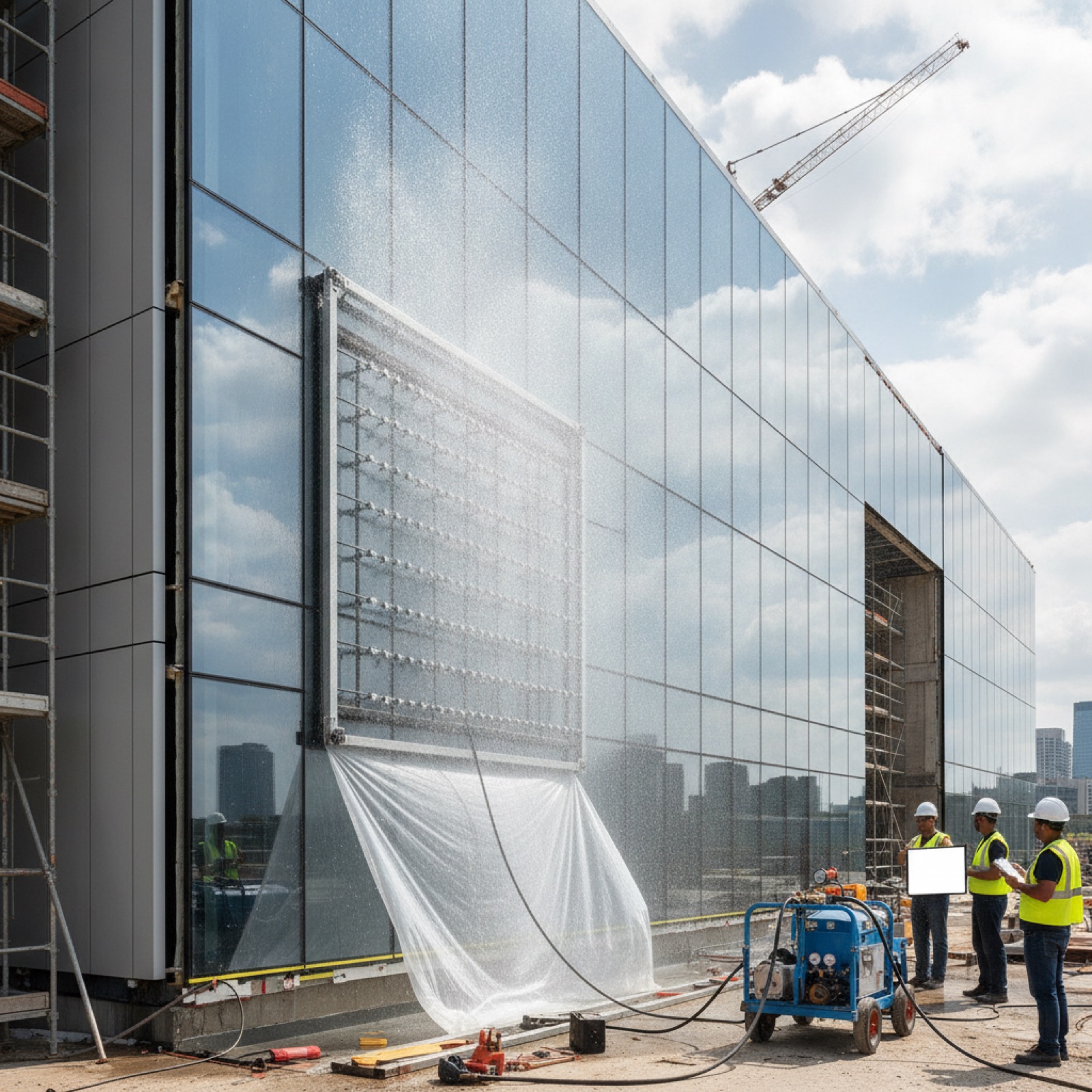 Field water-spray testing verification of installed curtain wall on completed building facade
