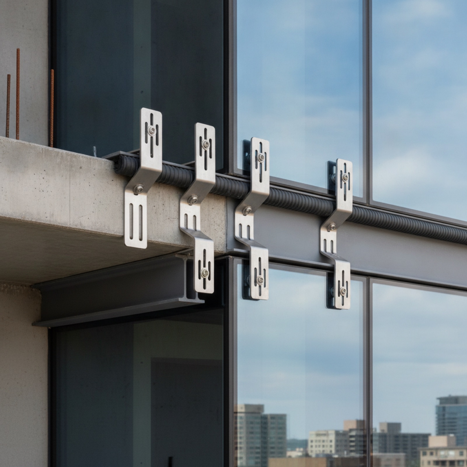 Flexible curtain wall anchor detail at floor line allowing inter-story drift and seismic movement