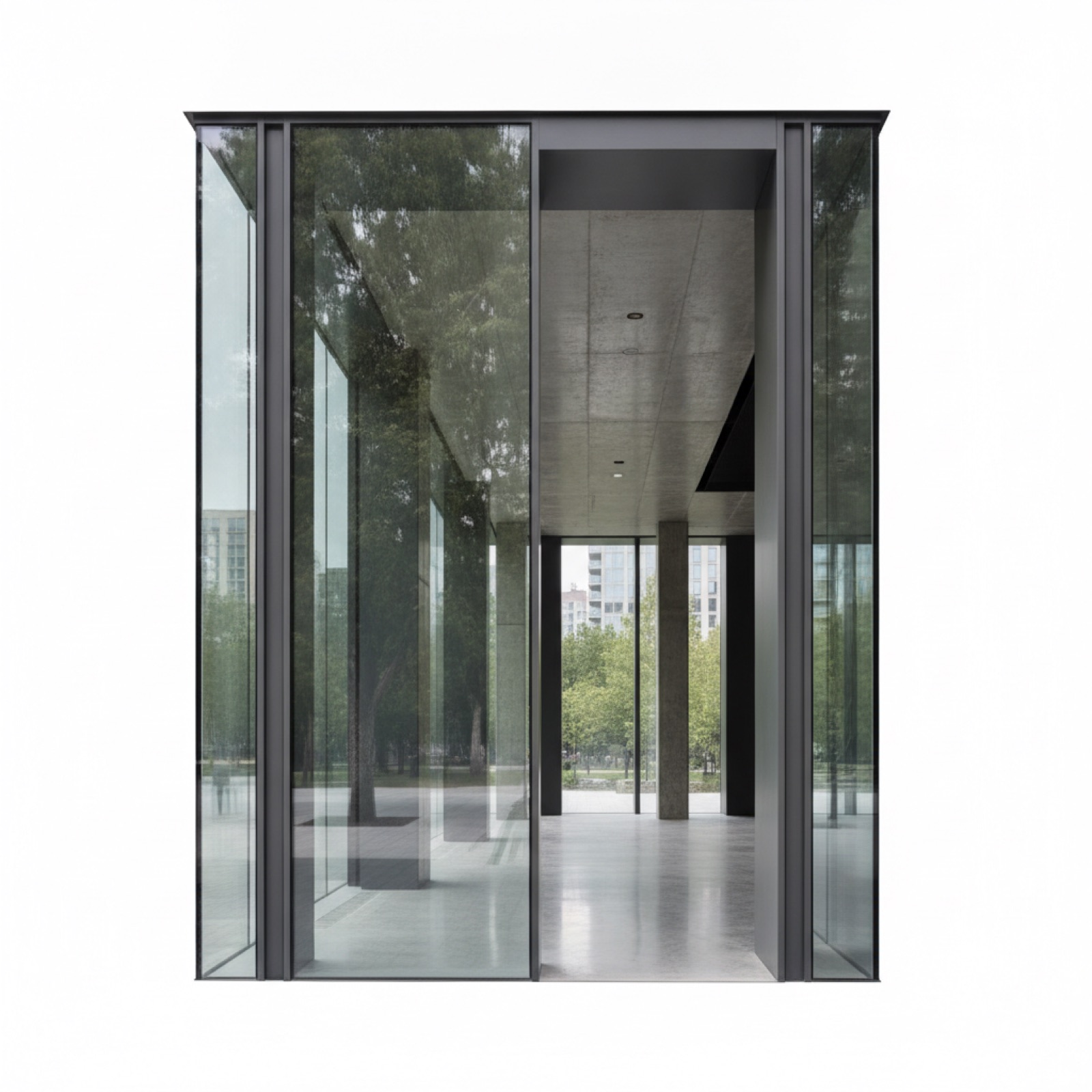 Offset storefront system showing glass plane shifted to create clean exterior shadow line