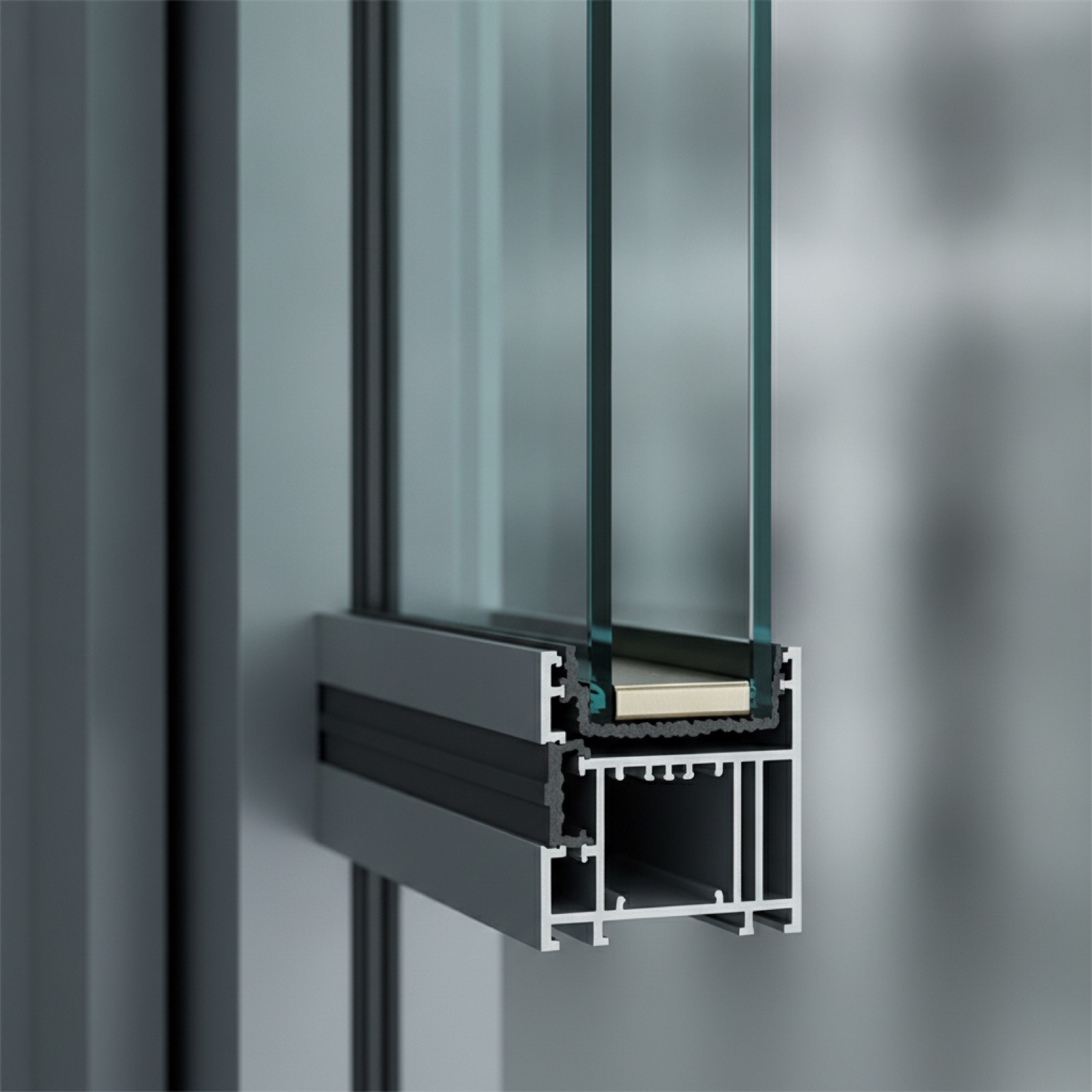 Thermally broken aluminum storefront frame showing thermal break insert and IGU positioning