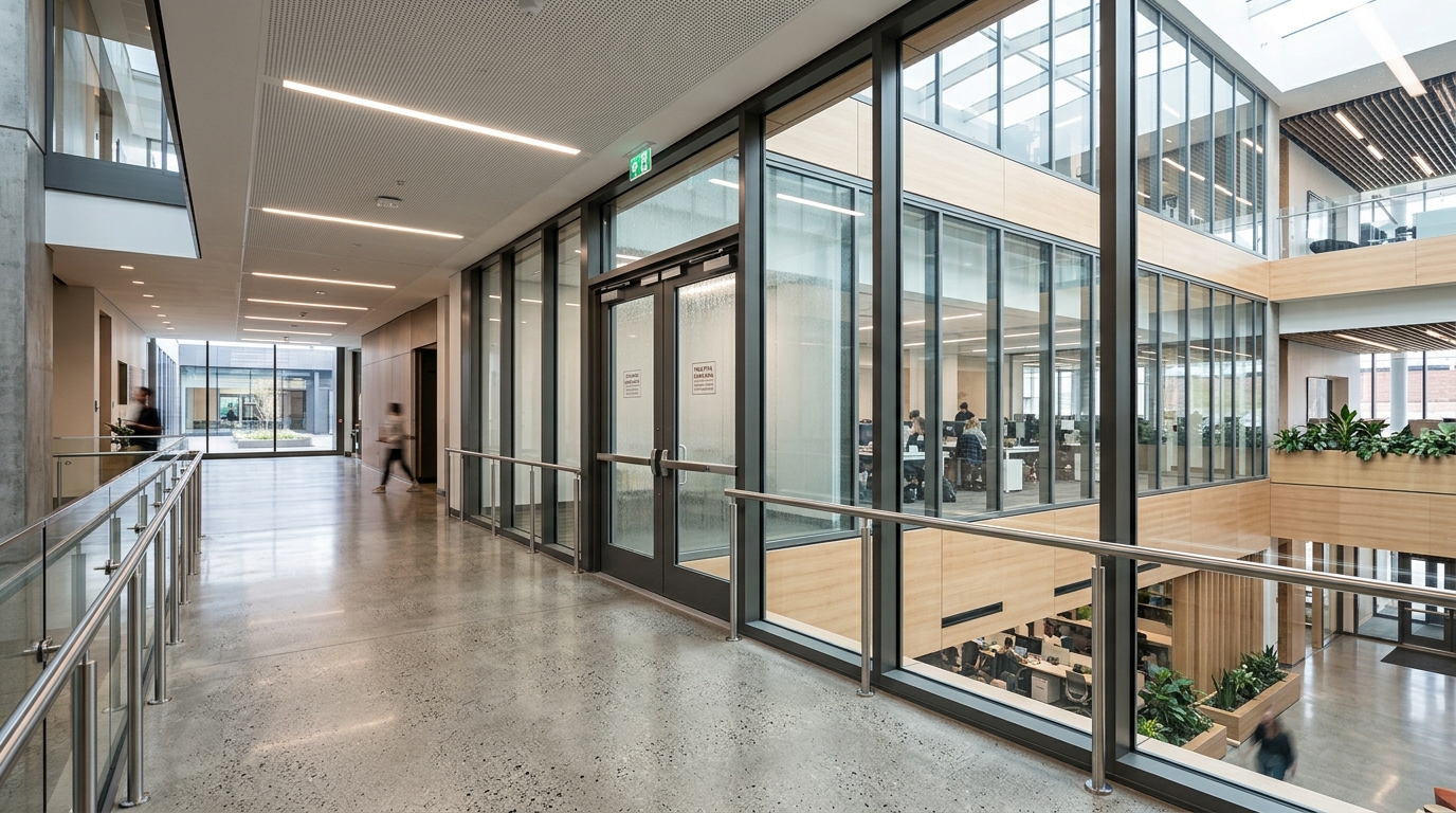 Modern commercial building interior with sleek fire-rated glass walls, enhancing safety, natural light, and contemporary