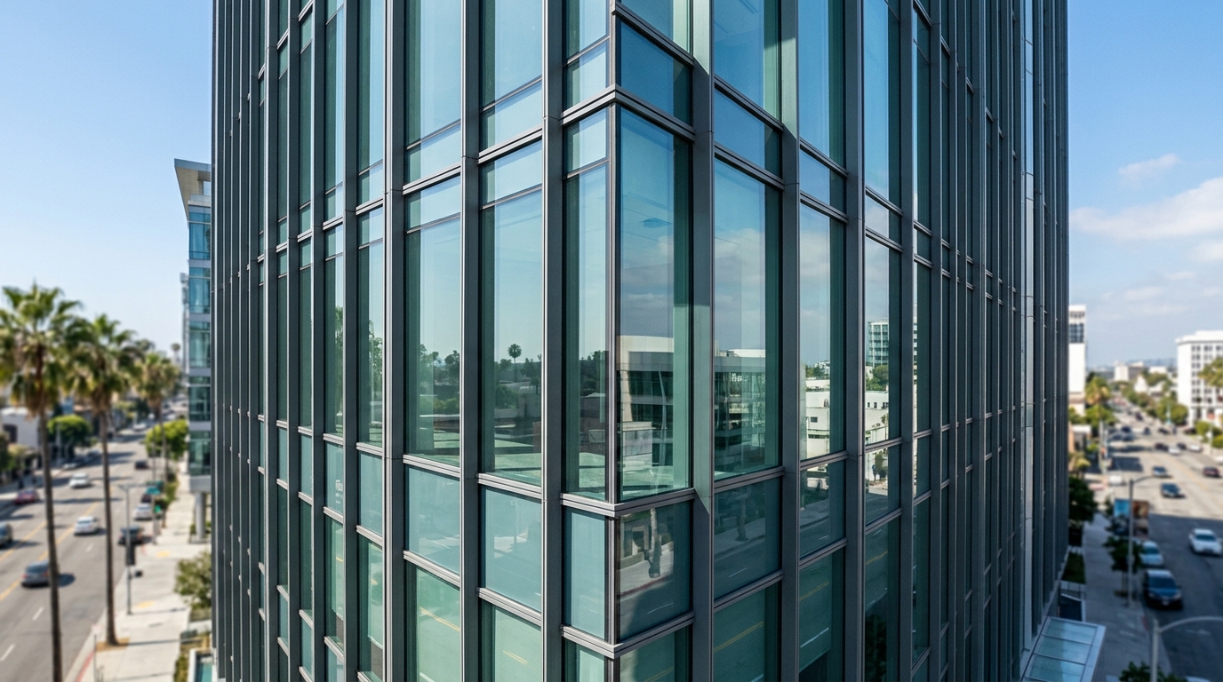 Modern commercial building facade in Southern California with high-performance Low-E glazing, reflecting sunlight