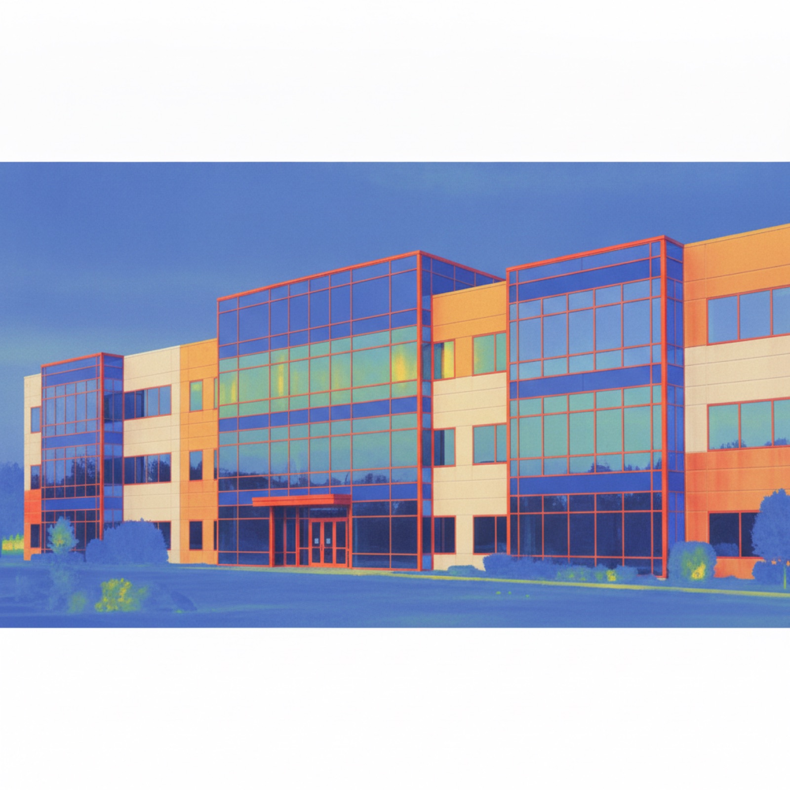 Thermal imaging of commercial facade showing heat transfer through glazing and framing