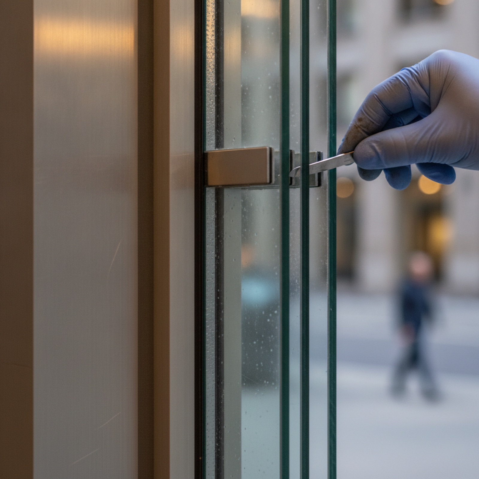 Glazier inspecting aluminum mullion and glass assembly detail close-up