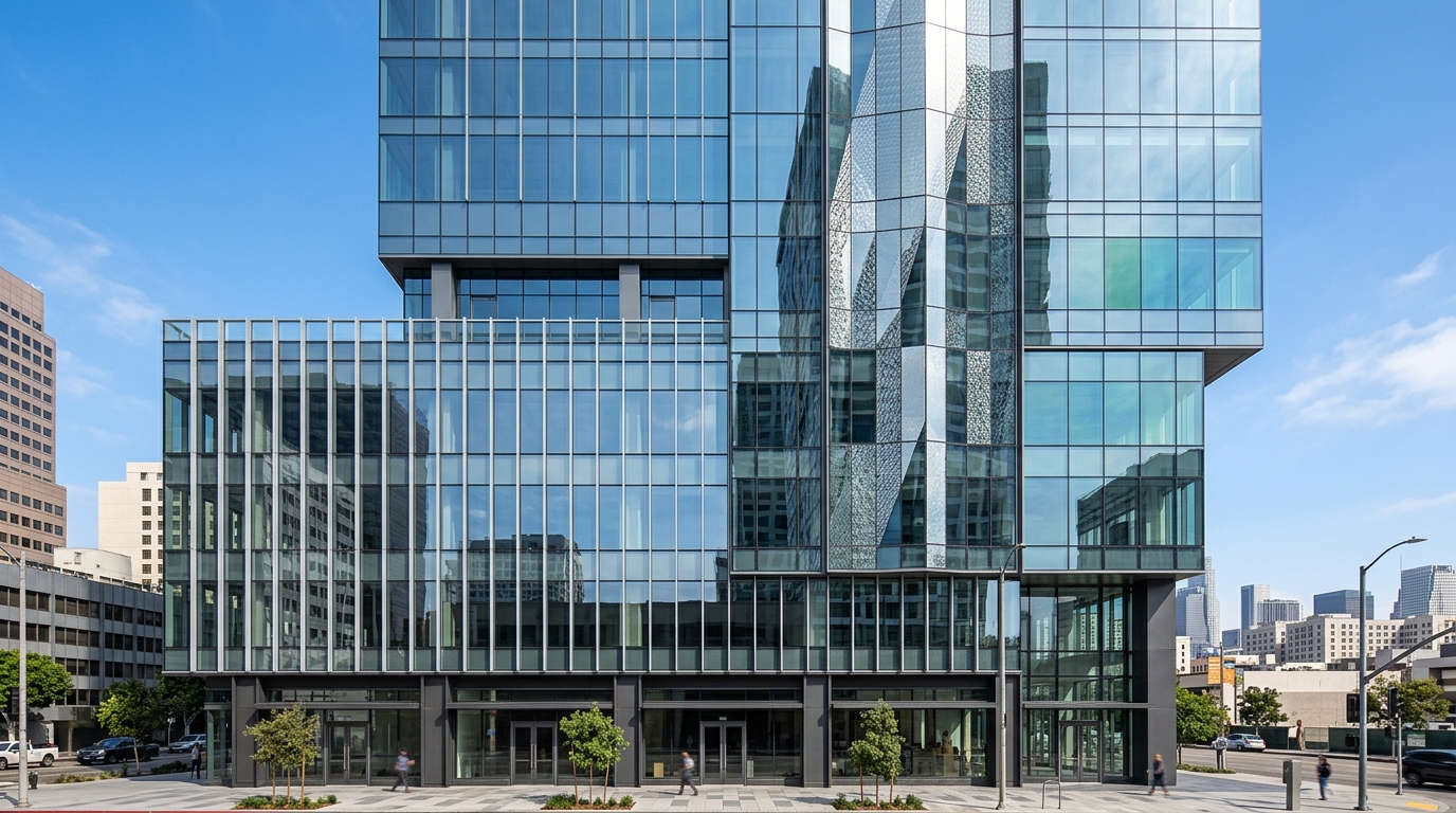 Modern SoCal high-rise facade showcasing diverse commercial glazing systems: storefronts, curtain walls, and specialty glass