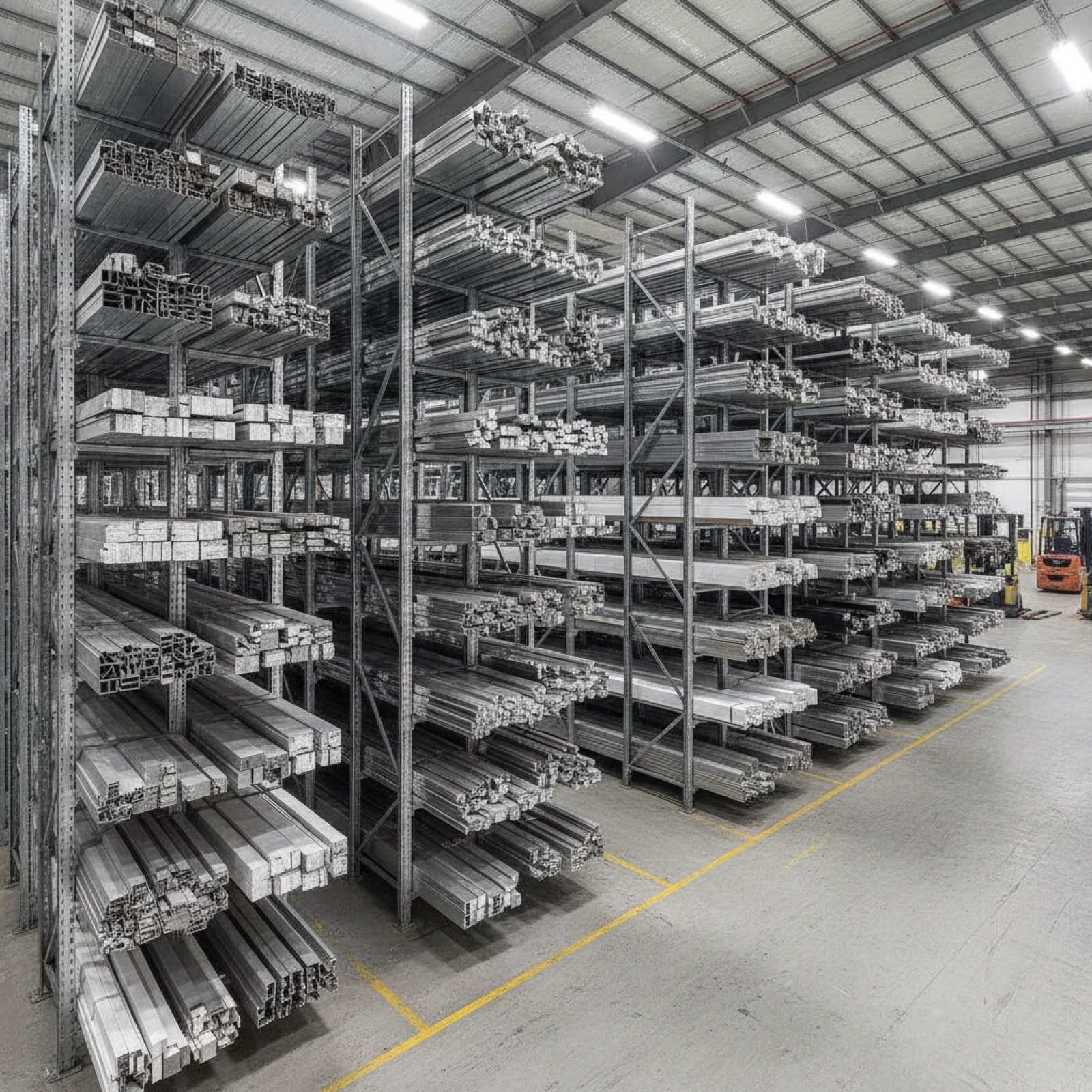 Organized aluminum extrusions in commercial glazing fabrication facility warehouse
