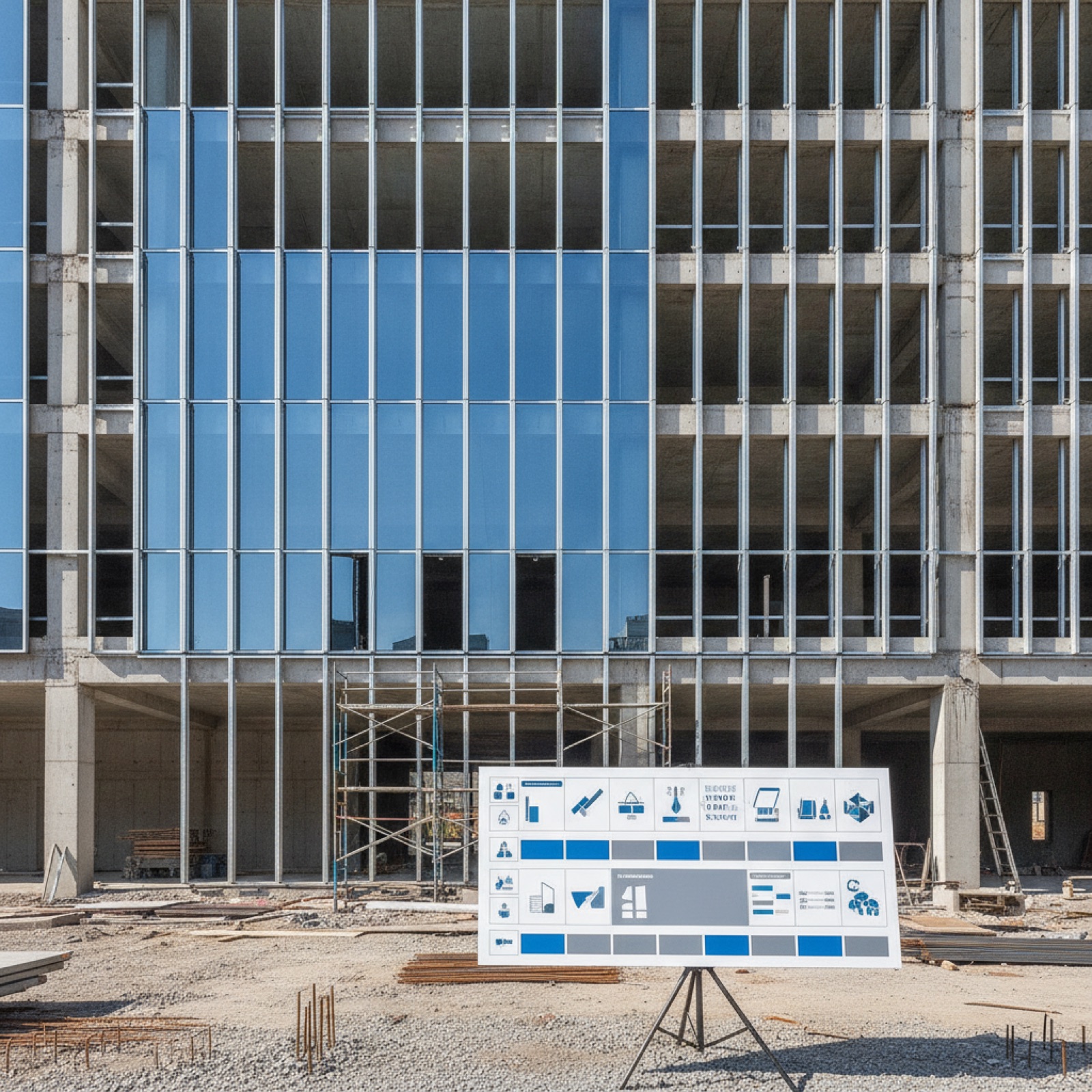 Commercial building facade during staged curtain wall installation sequence