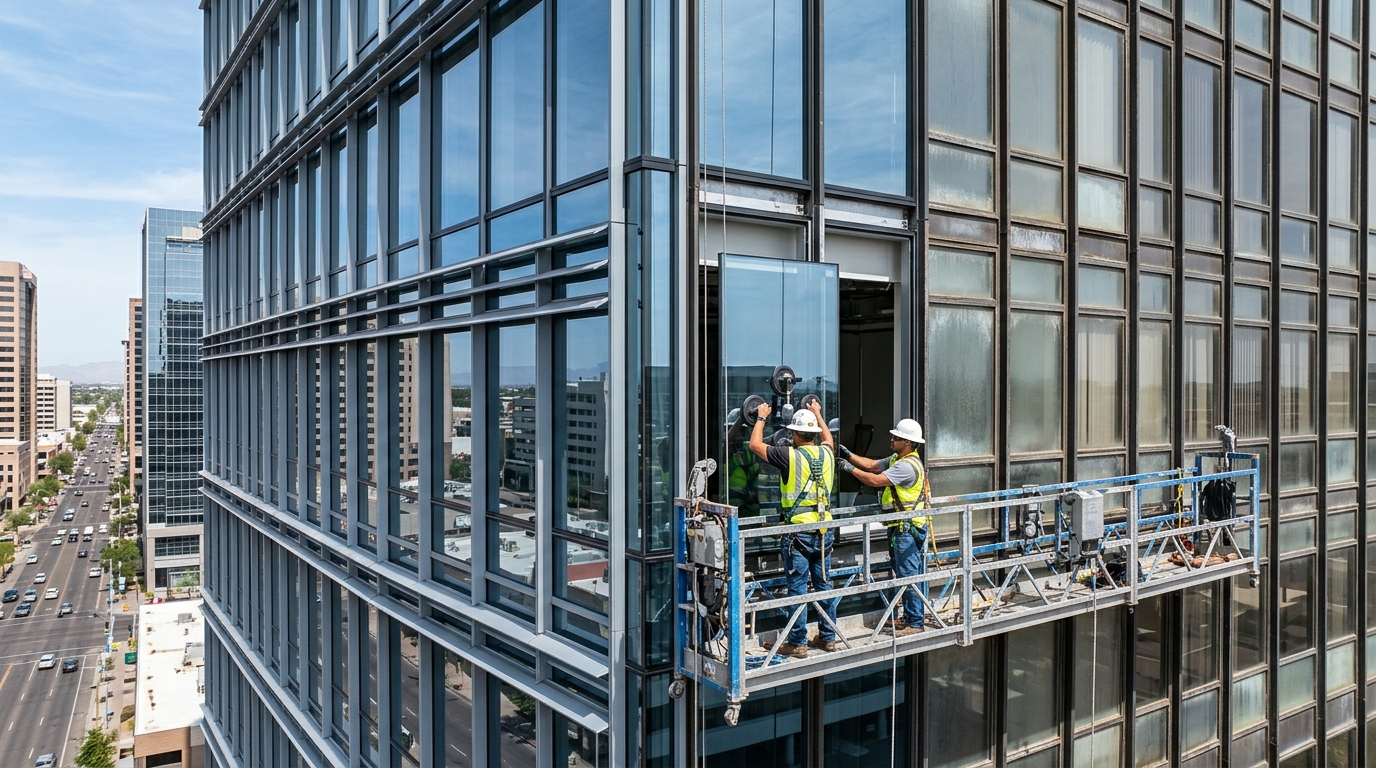 Commercial high-rise facade undergoing glass replacement, showing new energy-efficient glazing next to older panels, with a