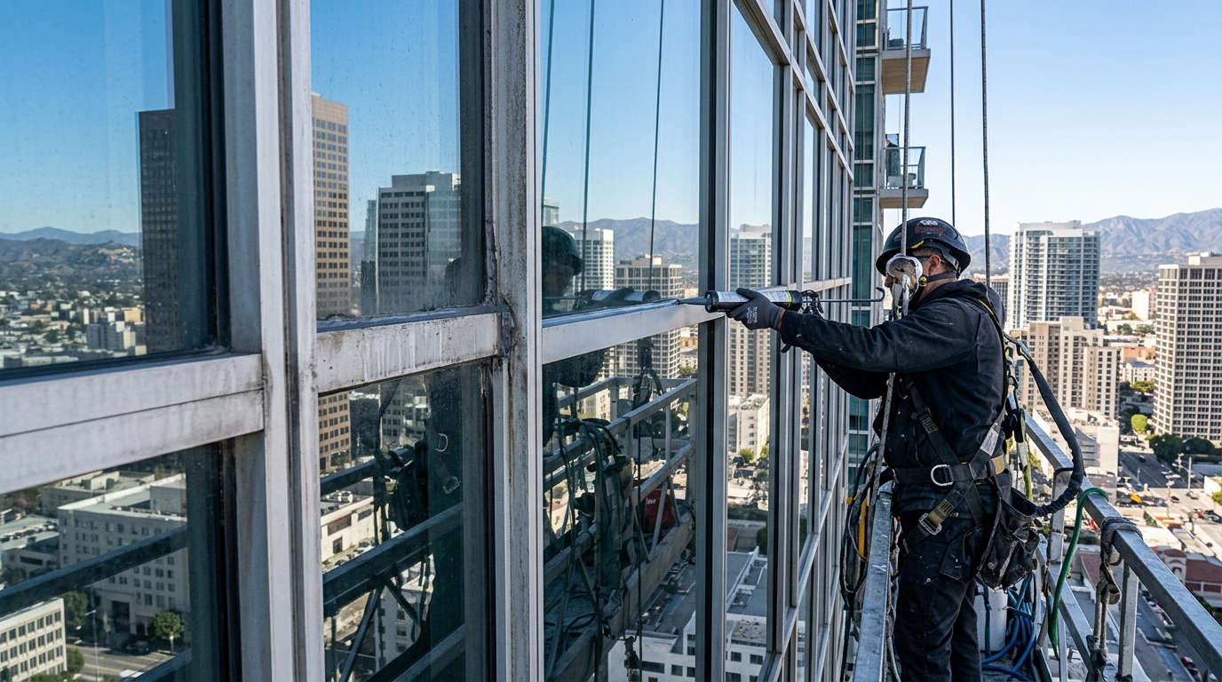 Skilled technician on a swing stage meticulously recaulking a high-rise commercial glass curtain wall.