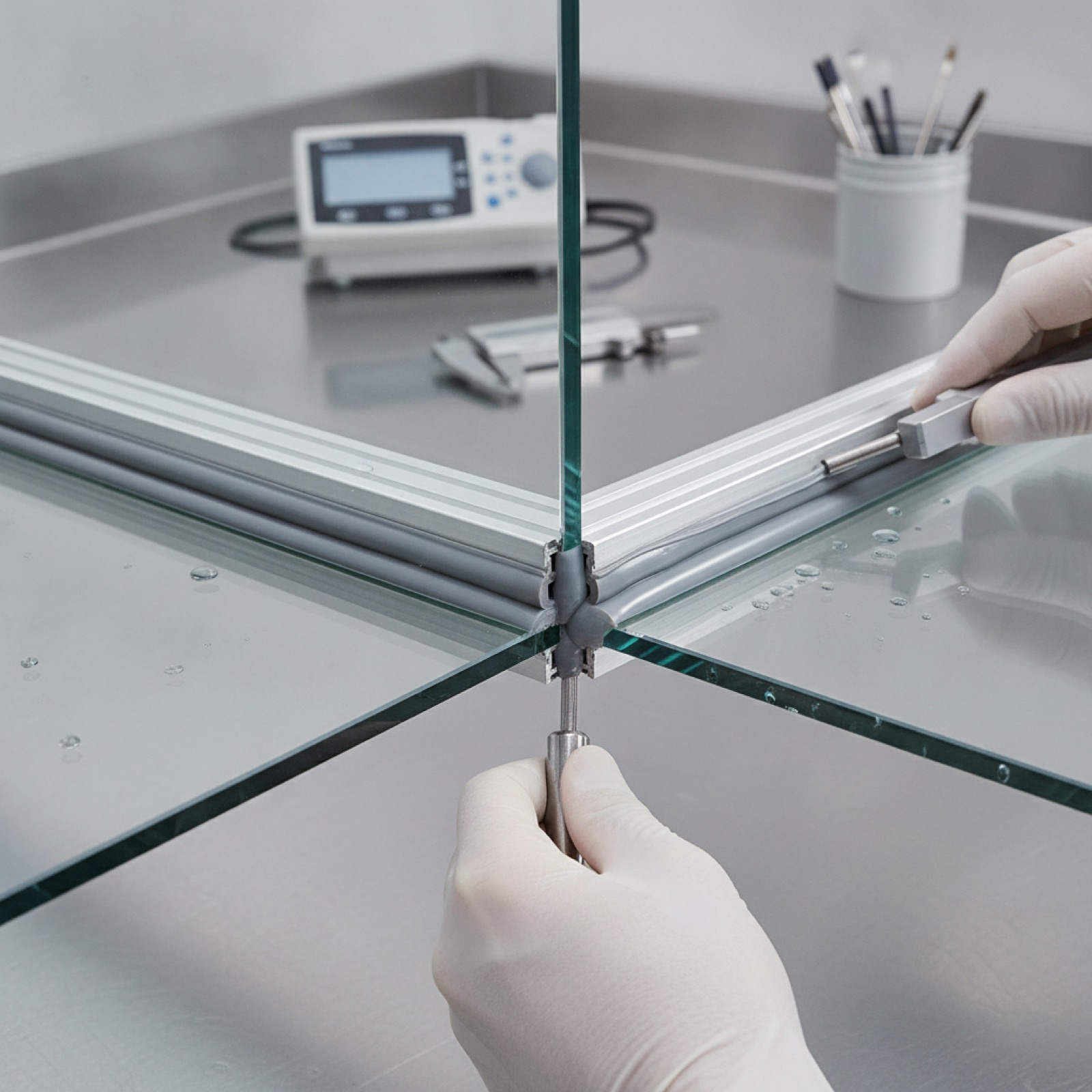 Structural silicone glazing joint inspection showing adhesion to aluminum and glass