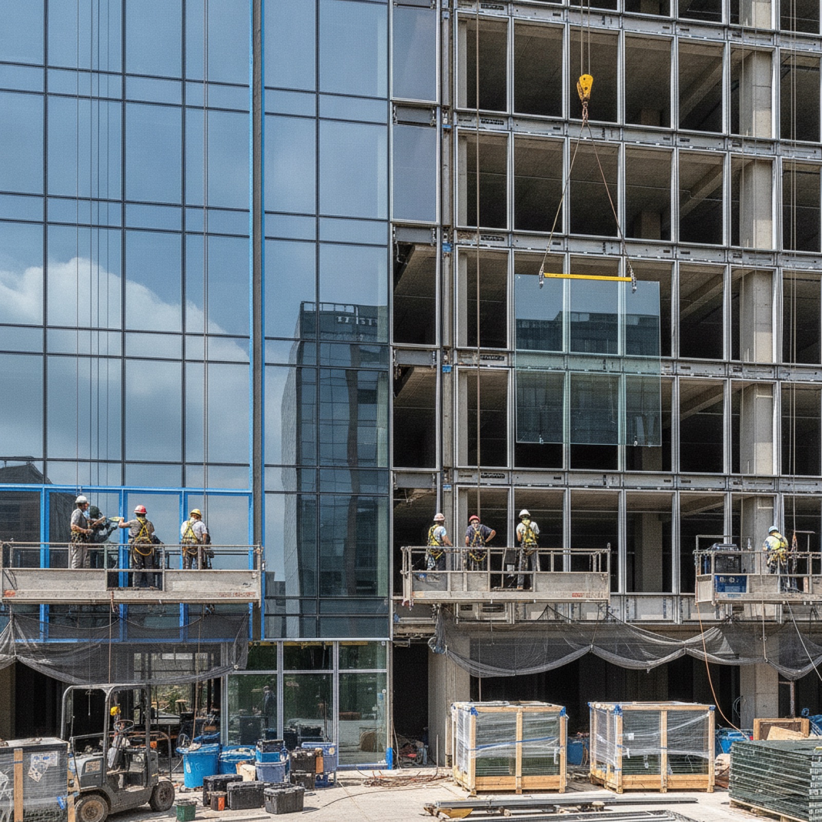 Curtain wall sections showing both sealant replacement and full reglaze work