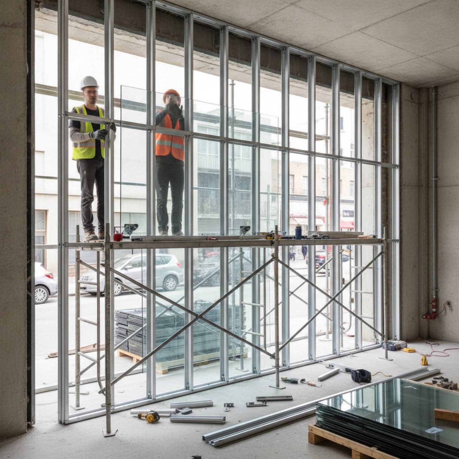 Commercial glaziers assembling storefront components on-site with individual mullion and glass installation