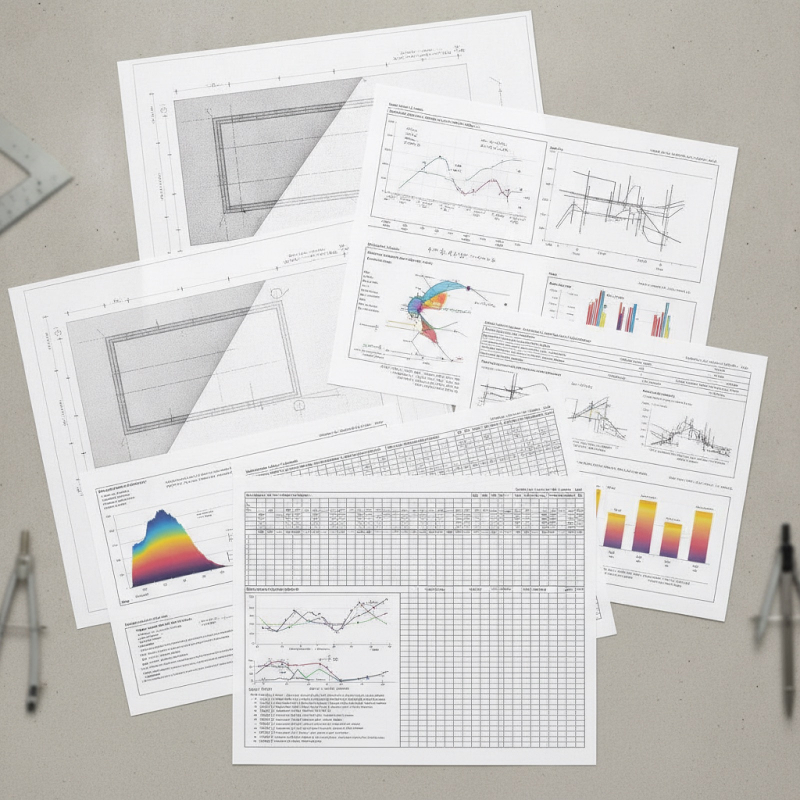 Technical glazing submittal documents and structural drawings spread on a work table