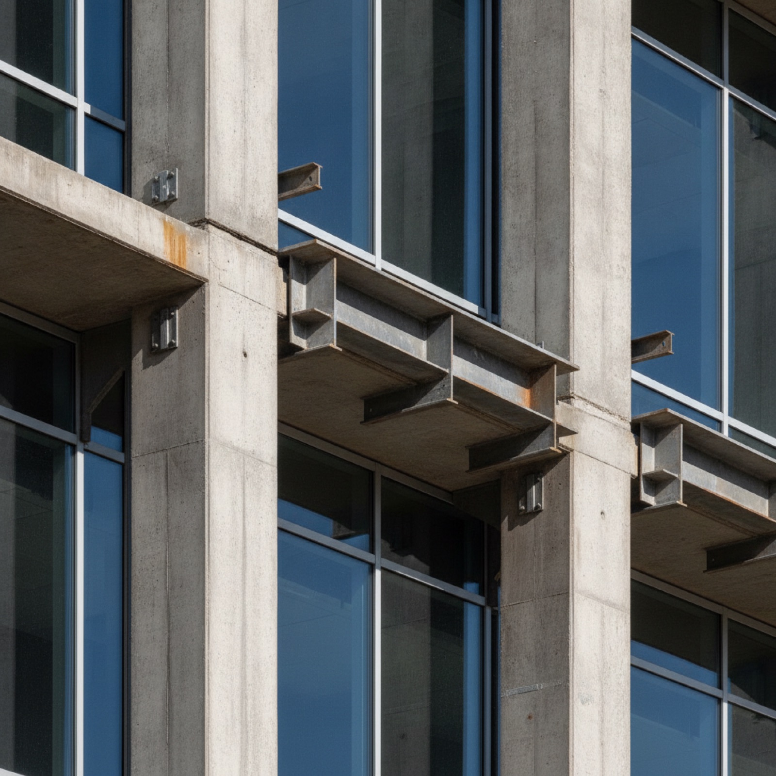Curtain wall mullion anchors secured to concrete structure showing load-bearing connection points